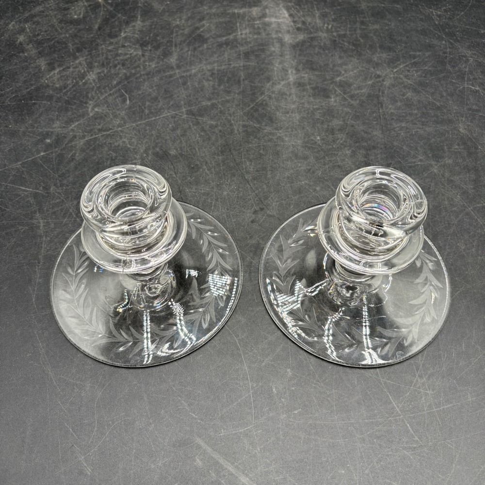 Vintage Etched Glass Candlestick Holders Pair Laurel Leaf Pattern Clear 3.5in